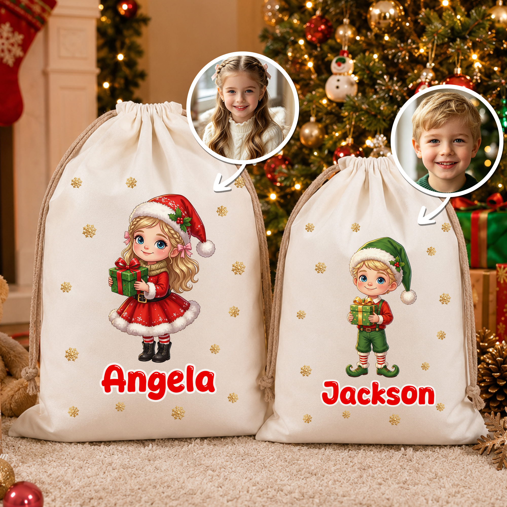 Individuell gestaltete Geschenktüte aus Leinwand mit Kordelzug im Weihnachtsdesign, mit Cartoon-Figuren, Foto und Namen – Weihnachtsgeschenk für Jungen und Mädchen