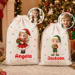 Personalized Christmas Themed Cartoon Character Canvas Drawstring Gift Bag with Photo and Name Christmas Party Gift for Boys Girls