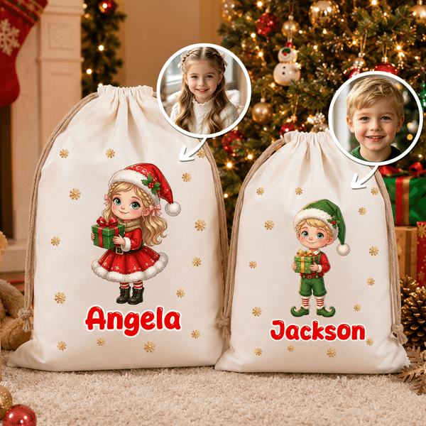 Personalized Christmas Themed Cartoon Character Canvas Drawstring Gift Bag with Photo and Name Christmas Party Gift for Boys Girls