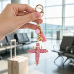 Personalized Bling Multicolor Tassel Airplane Bell Bag Charm Keychain with Initial Birthday Gift for Flight Attendant Friends