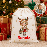 Personalized Christmas Themed Cartoon Character Canvas Drawstring Gift Bag with Photo and Name Christmas Party Gift for Boys Girls