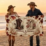 Personalised Cowboy Style Quick-Dry Beach Towel with Names and Date Summer Holiday Essential Anniversary Gift for Couple