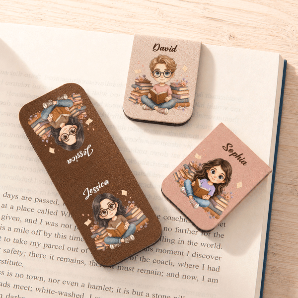 Personalized Cute Book-Reading Character Photo Magnetic PU Leather Bookmark Clip with Name Daily Reading Use Gift Birthday for Book Lovers
