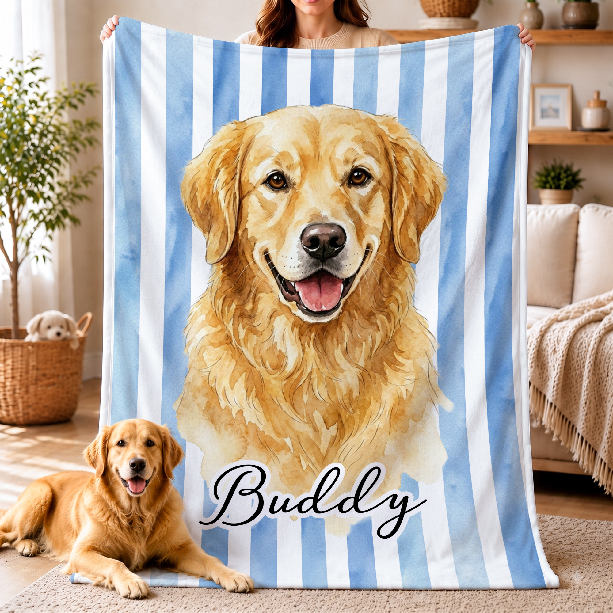 Individuell gestaltete, weiche Akryl-Decke im Aquarell-Streifenmuster mit Namen und Foto – Wohnaccessoire und Geburtstagsgeschenk für Tierhalter und Tierfreunde