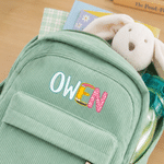 Personalised Colourful Pencil-Shaped Letter Lightweight Corduroy Backpack with Name Graduation Back to School Reading Gift for Students Boys Girls