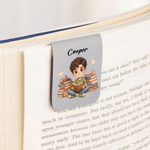 Personalized Cute Book-Reading Character Photo Magnetic PU Leather Bookmark Clip with Name Daily Reading Use Gift Birthday for Book Lovers