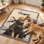 Personalized Watercolor Samurai Pet Photo Soft Tassel Throw Blanket with Name Home Decor Daily Use Birthday Gift for Pet Lovers