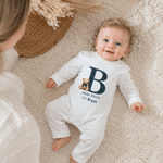 Personalized Teddy Bear Hello World Grid Initial 100% Cotton Baby Romper Hat Set with Name Baby Shower Gift for Newborns