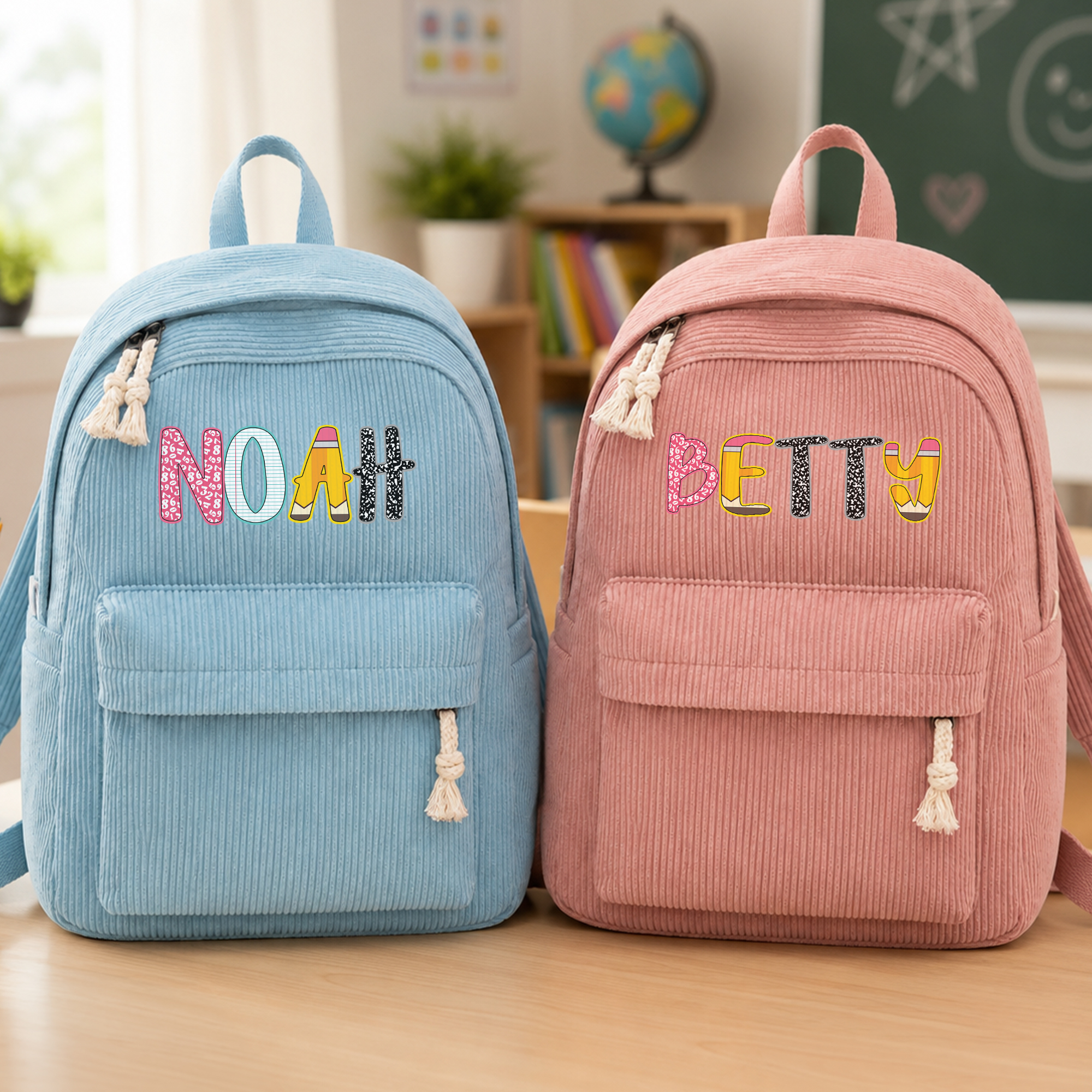 Individuell gestalteter, farbenfroher Rucksack in Bleistiftform aus leichtem Cord mit Namenszug – Abschluss-, Schulanfangs- und Lesegeschenk für Schüler und Schülerinnen