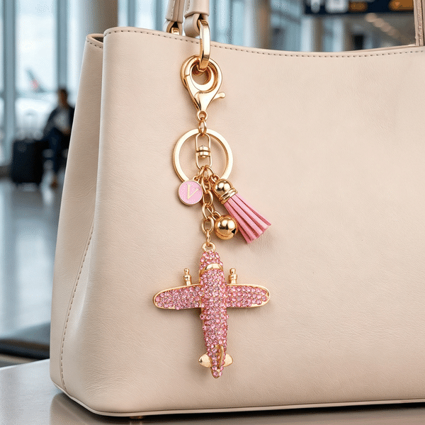 Personalized Bling Multicolor Tassel Airplane Bell Bag Charm Keychain with Initial Birthday Gift for Flight Attendant Friends