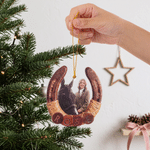 Adorno de acrílico con diseño personalizado de herradura y foto, muy bonito, con texto sobre un rancho de caballos; regalo de Navidad para propietarios de caballos