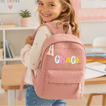 Personalised Colourful Pencil-Shaped Letter Lightweight Corduroy Backpack with Name Graduation Back to School Reading Gift for Students Boys Girls