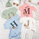 Personalized Teddy Bear Hello World Grid Initial 100% Cotton Baby Romper Hat Set with Name Baby Shower Gift for Newborns