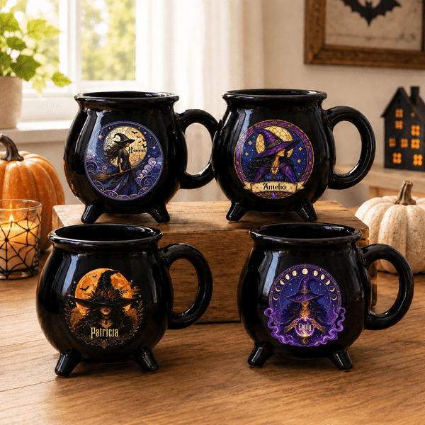 Tasse en céramique noire personnalisée « Moon Bat Fantasy Witch » avec prénom – Cadeau d'Halloween pour femmes et copines
