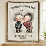 Manta personalizada con flecos diseño de pareja de ancianos con nombre y fecha regalo de aniversario de boda y San Valentín para parejas