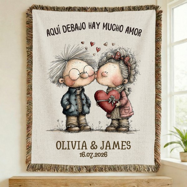 Manta personalizada con flecos diseño de pareja de ancianos con nombre y fecha regalo de aniversario de boda y San Valentín para parejas