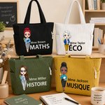Sac fourre-tout en velours côtelé personnalisé avec texte et personnage de dessin animé - Cadeau de rentrée pour professeur