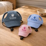 Cappellino da sole multicolore regolabile per animali domestici con nome ricamato personalizzato e fori per le orecchie – Abbigliamento quotidiano per animali domestici – Regalo di compleanno per i pr