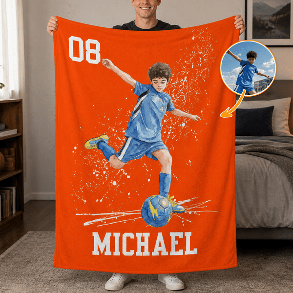 Personalised Watercolor Sports Photo Soft Throw Blanket with Name and Number Home Decor Birthday Team Gift for Kids Sports Lovers