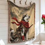 Personalized Watercolor Samurai Pet Photo Soft Tassel Throw Blanket with Name Home Decor Daily Use Birthday Gift for Pet Lovers