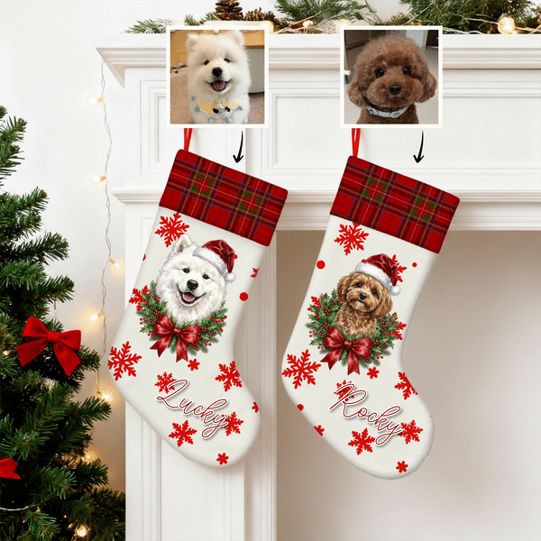 Personalised Christmas Theme Snowflake Pet Photo Christmas Stocking with Name Home Decoration Christmas Gift for Pet Lovers