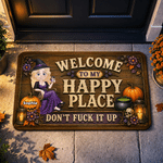 Personlig «Welcome to My Happy Place»-dørmatte med sklisikre egenskaper og Halloween-tegneseriefigur, med navn – en Halloween-gave til Halloween-entusiaster