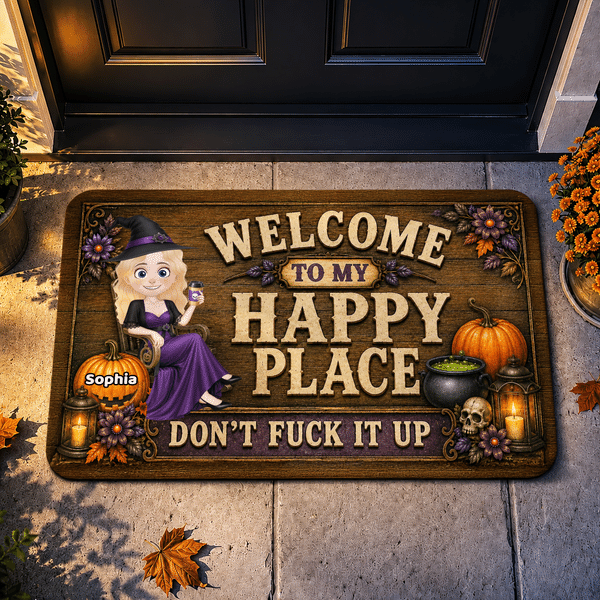 Personlig «Welcome to My Happy Place»-dørmatte med sklisikre egenskaper og Halloween-tegneseriefigur, med navn – en Halloween-gave til Halloween-entusiaster