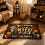 Personlig «Welcome to My Happy Place»-dørmatte med sklisikre egenskaper og Halloween-tegneseriefigur, med navn – en Halloween-gave til Halloween-entusiaster