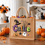 Personalized Cute Halloween Theme Large Jute Tote Bag with Name Trick or Treat Halloween Party Gift for Boys Girls