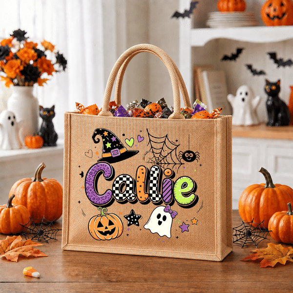 Personalized Cute Halloween Theme Large Jute Tote Bag with Name Trick or Treat Halloween Party Gift for Boys Girls
