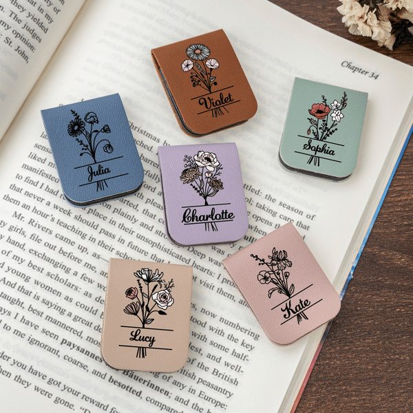 Personalised Watercolor Birth Flower PU Leather Bookmark Clip with Name Study Space Birthday Christmas Gift for Book Lover