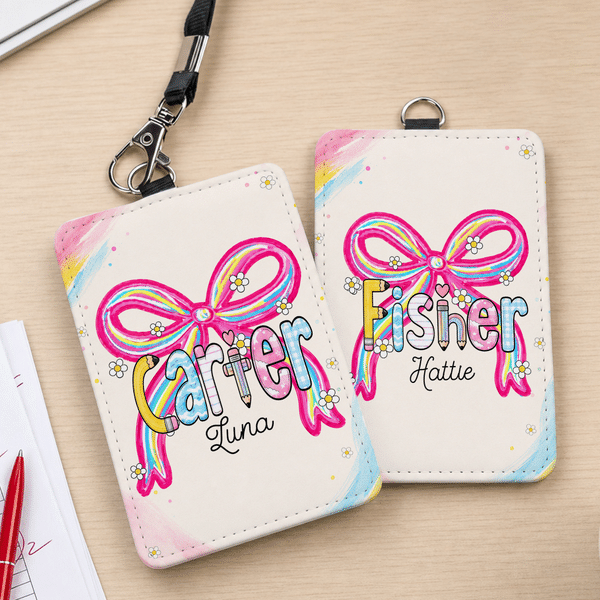 Personalised Coquette Bow Coloured Pencil Style Name ID Card Badge Holder Daily Use Teacher's Day Appreciation Gift for Teachers