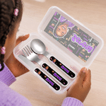 Personalized Word Cloud Cartoon Character Kid Fork Spoon Knife Cutlery Set with Case Photo and Name Back to School Birthday Gift for Kids