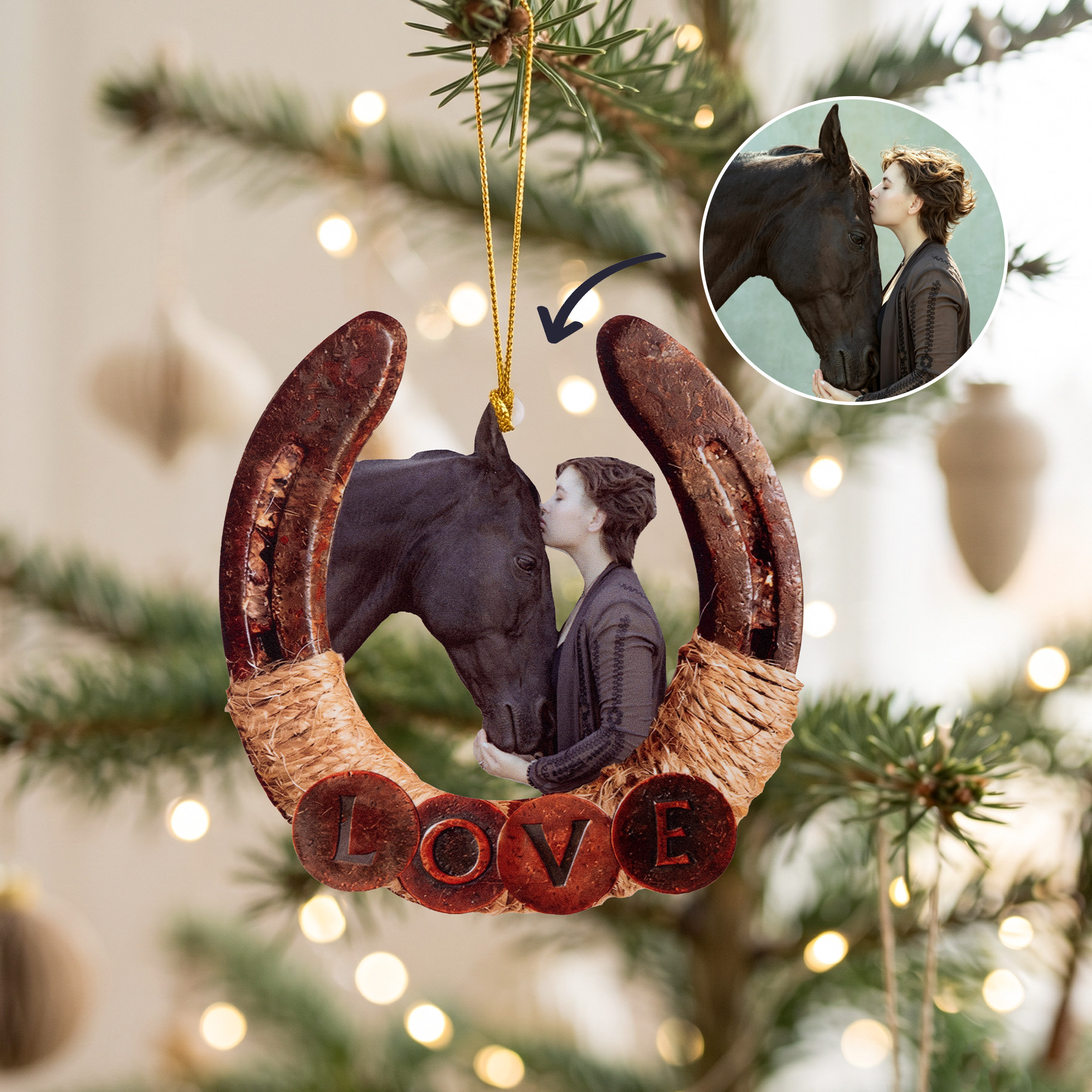 Individuell gestalteter Hufeisen-Fotobildschmuck aus Acryl mit Text – niedliches Weihnachtsgeschenk für Pferdeliebhaber