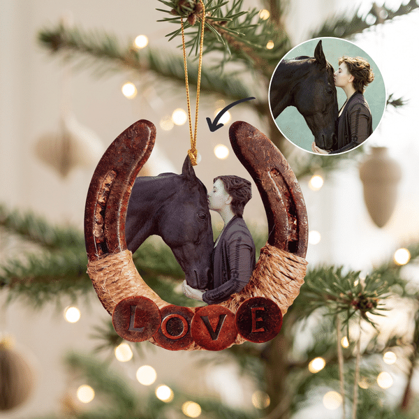 Adorno de acrílico con diseño personalizado de herradura y foto, muy bonito, con texto sobre un rancho de caballos; regalo de Navidad para propietarios de caballos