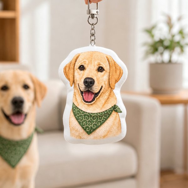 Personalised Cartoon Style Faux Embroidery Pet Photo Plush Bag Charm Keychain with Name Birthday Gift for Pet Lovers