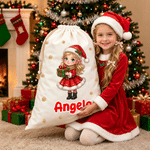 Personalized Christmas Themed Cartoon Character Canvas Drawstring Gift Bag with Photo and Name Christmas Party Gift for Boys Girls
