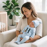 Personalized Teddy Bear Hello World Grid Initial 100% Cotton Baby Romper Hat Set with Name Baby Shower Gift for Newborns