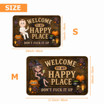 Personlig «Welcome to My Happy Place»-dørmatte med sklisikre egenskaper og Halloween-tegneseriefigur, med navn – en Halloween-gave til Halloween-entusiaster