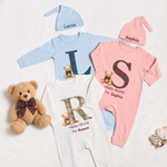 Personalized Teddy Bear Hello World Grid Initial 100% Cotton Baby Romper Hat Set with Name Baby Shower Gift for Newborns