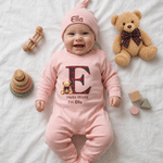 Personalized Teddy Bear Hello World Grid Initial 100% Cotton Baby Romper Hat Set with Name Baby Shower Gift for Newborns
