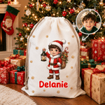 Personalized Christmas Themed Cartoon Character Canvas Drawstring Gift Bag with Photo and Name Christmas Party Gift for Boys Girls