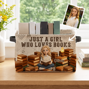 Personalized 3D-Style Character Artwork Photo Design Large Capacity Storage Basket with Name & Text and Handle Home Decor Birthday Gift for Bookworm