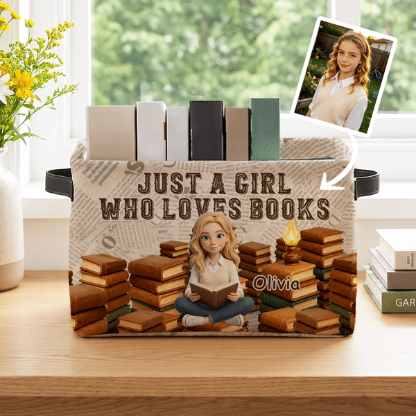 Personalized 3D-Style Character Artwork Photo Design Large Capacity Storage Basket with Name & Text and Handle Home Decor Birthday Gift for Bookworm
