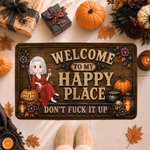 Personlig «Welcome to My Happy Place»-dørmatte med sklisikre egenskaper og Halloween-tegneseriefigur, med navn – en Halloween-gave til Halloween-entusiaster