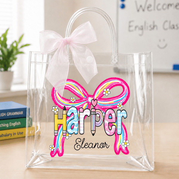 Personalised Coquette Bow Pencil Grid Name Design Transparent Gift Bag Back to School Teacher's Day Appreciation Gift for Teachers