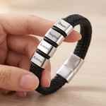 Gepersonaliseerde gevlochten PU-leren armband voor mannen met 1-8 ringen met gegraveerde namen - Vaderdag- of verjaardagscadeau voor papa of opa