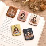 Personalized Cute Book-Reading Character Photo Magnetic PU Leather Bookmark Clip with Name Daily Reading Use Gift Birthday for Book Lovers