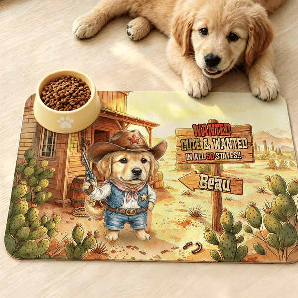 Personalized Western Cowboy Style Pet Photo PU Leather Food Mat with Name and Text Pet Supplies Birthday Gift for Pet Lovers Owners