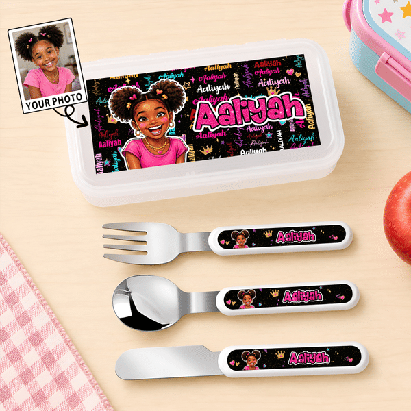 Personalized Word Cloud Cartoon Character Kid Fork Spoon Knife Cutlery Set with Case Photo and Name Back to School Birthday Gift for Kids